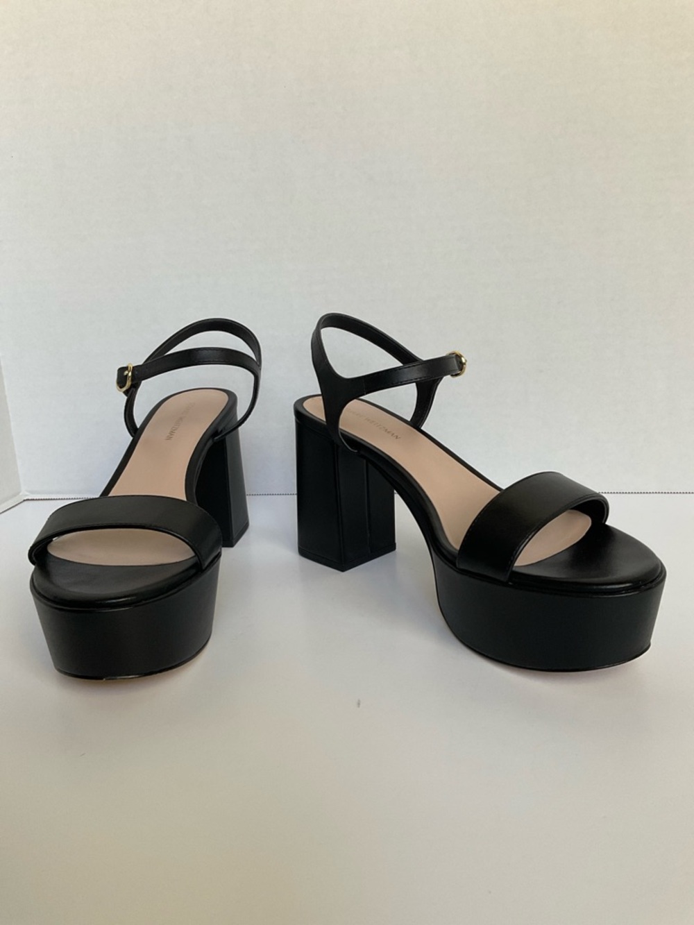 NWT! Stuart Weitzman Dancer Mid Block Platform Black Leather Sandal SZ US 7.5 B